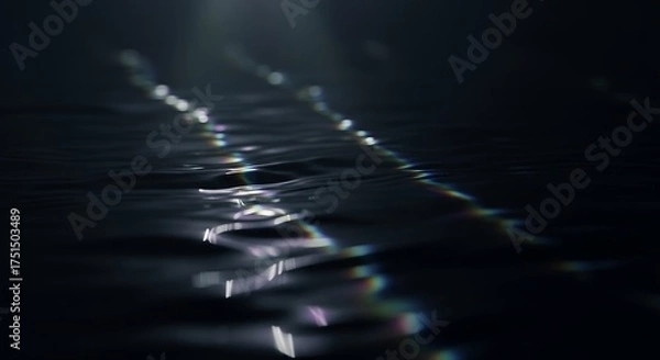 Fototapeta Dark rippled water surface reflects shimmering light with rainbow effect, concept for tranquility, serenity, and a calming atmosphere, also suitable for depicting abstract beauty