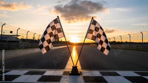 Fototapeta Victory awaits at the finish line as checkered flags wave in a stunning sunset glow