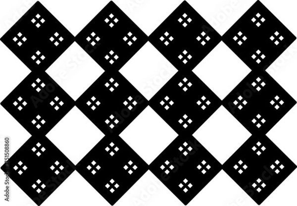 Fototapeta Seamless black and white geometric pattern with diamond shapes and dotted cross motifs, ideal for textiles, wallpapers, backgrounds, and modern ethnic designs.
