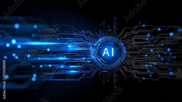 Fototapeta Abstract digital illustration representing the concept of artificial intelligence, featuring glowing circuits and a central AI symbol in a futuristic style.