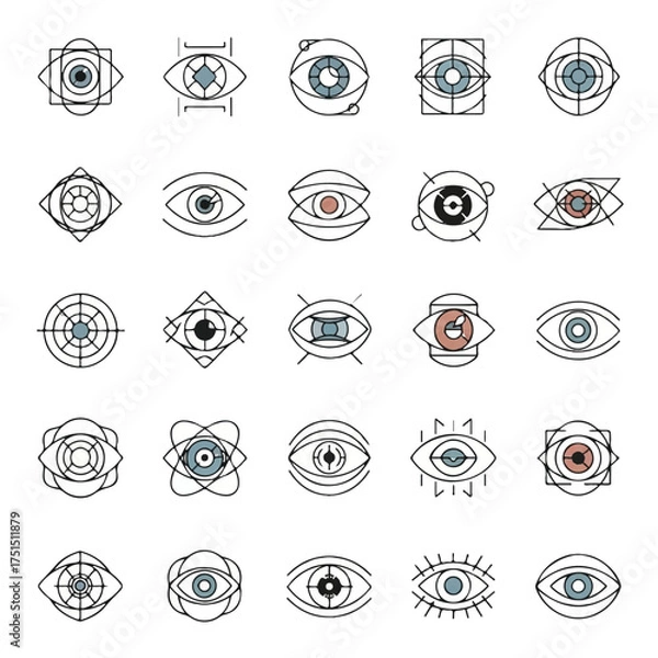 Fototapeta Collection of abstract eye symbols arranged in a grid, representing vision and perception in a minimalist, modern style.
