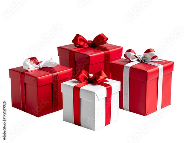 Obraz Three Christmas Gift Boxes with Red Ribbons, Neatly Arranged on White Background, Holiday Celebration Concept