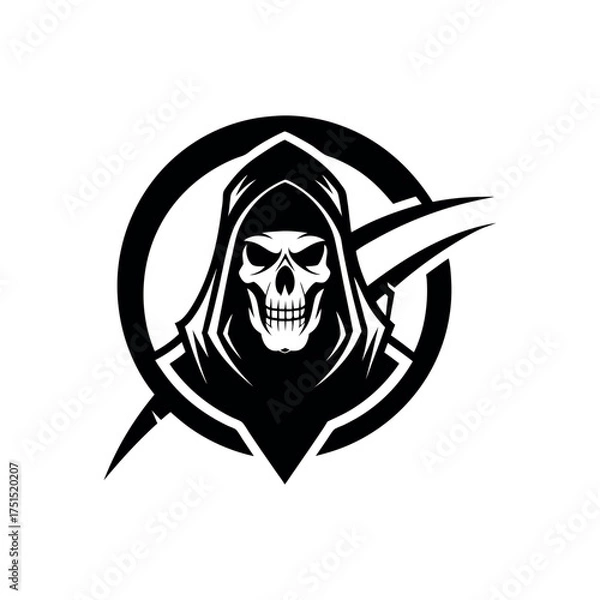 Obraz Grim reaper skull logo with scythe in circle