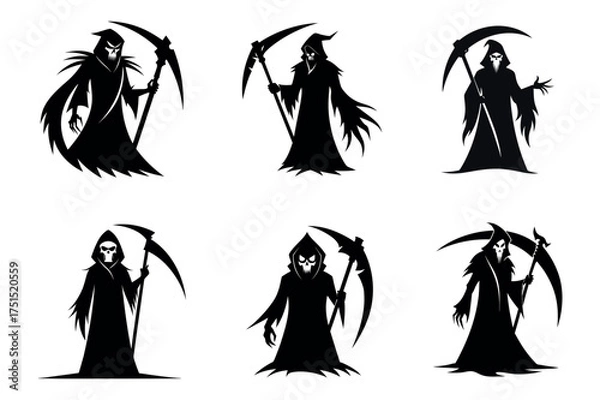 Fototapeta Six silhouette grim reapers with scythes in various poses