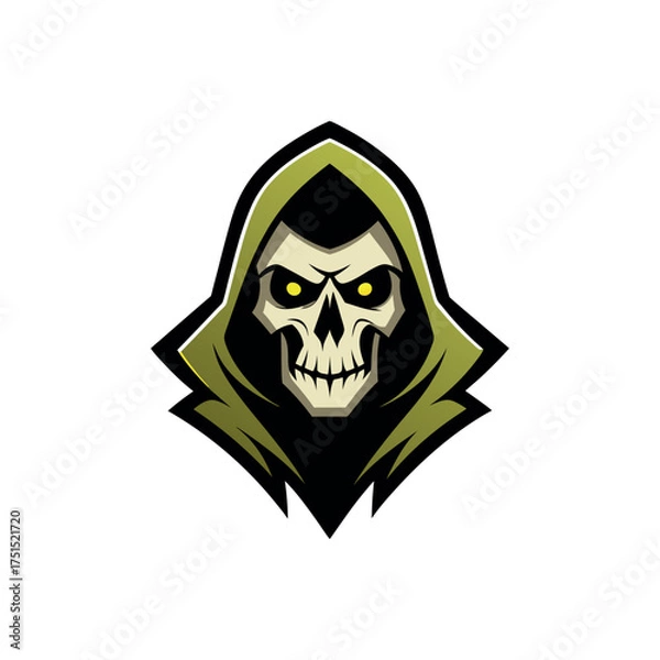 Fototapeta Menacing grim reaper skull with glowing yellow eyes in a hood