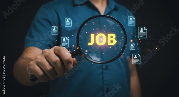Fototapeta Man Using Magnifying Glass While Searching for Online Job Opportunities