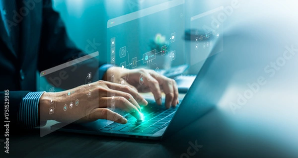 Fototapeta AI agent data tools and workflow automation concept with businessman typing on laptop and interacting with digital process interface for artificial intelligence development, integration, productivity