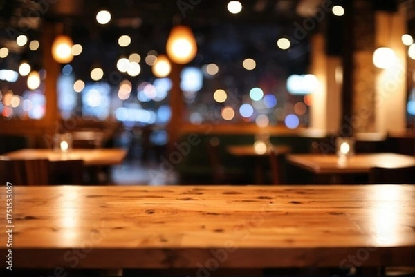 Obraz 居心地の良い飲食店の暗い背景と光のボケ：前景の木材