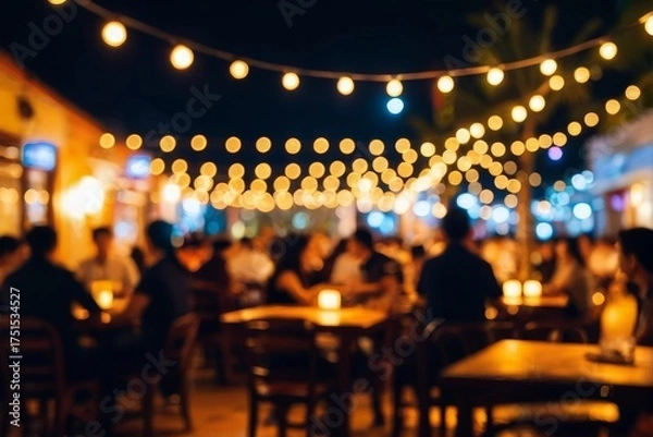 Obraz 屋外レストランやバーの夜景：ストリングライトと賑わう群衆のぼかし