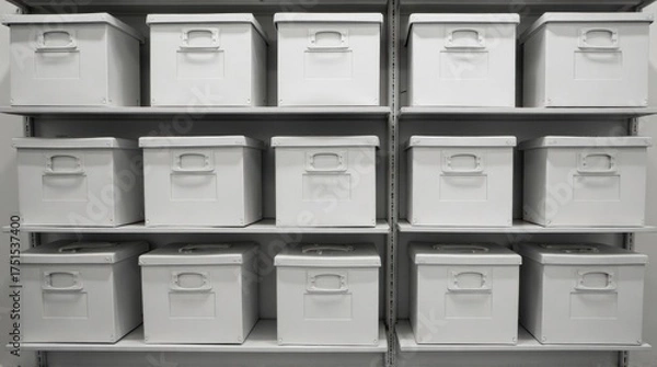Obraz White Storage Boxes on Metal Shelves in Modern Organization Setting