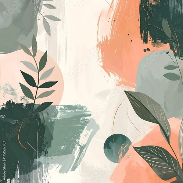 Obraz Abstract painted botanical composition with muted colors and layered shapes