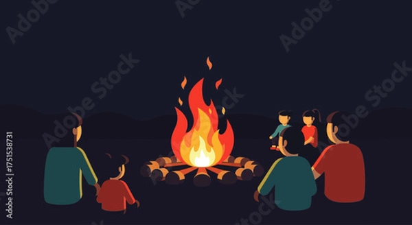 Obraz A warm flat design vector illustration showcasing a stylized bonfire with geometric flames, surrounded by simplified human figures enjoying the warmth and community of Bonfire Night. 