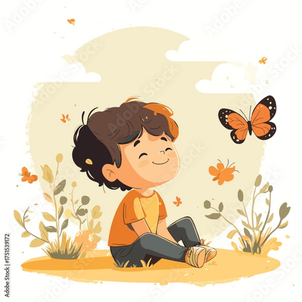 Obraz Young Boy Plays With A Butterfly On A Sunny Day While Resting Outdoor , vector style simple color