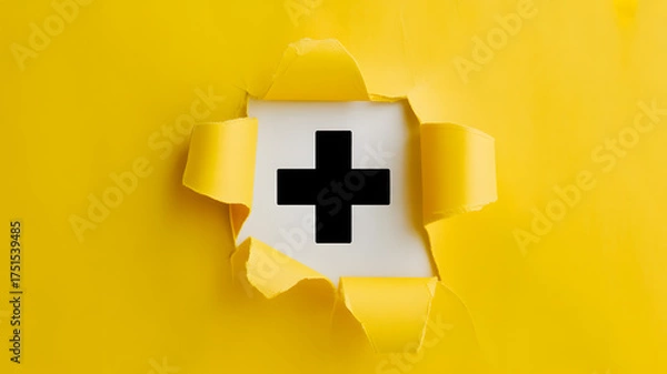 Fototapeta Bold plus symbol peeks through torn vibrant paper, a statement of positivity and addition