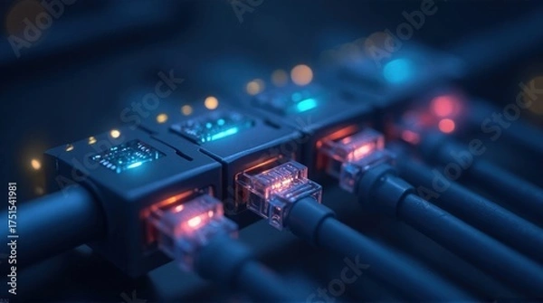 Fototapeta Network Ethernet Cables Connected to Data Switch with Blue and Red Lights in Dark Environment