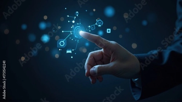 Fototapeta Business Person Touching Digital Interface with Futuristic Technology Icons