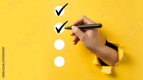 Fototapeta Hand completing checklist with marker through burst paper, task management concept