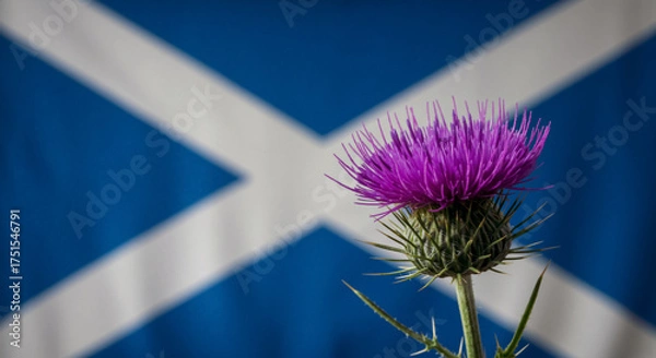 Obraz Close-up of a purple thistle with the Scottish flag in the background. National symbol of Scotland for St. Andrew's Day celebration