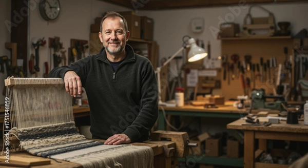 Obraz Portrait of a smiling male artisan in his workshop with a weaving loom. Proud craftsman and small business owner working on a handmade textile