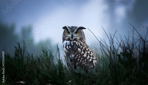 Fototapeta A grey owl perched in the grass against a misty backdrop