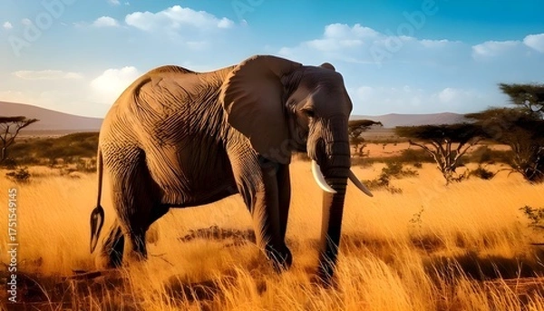 Fototapeta A large elephant in the savannah grassland with the scorching heat shining on the day