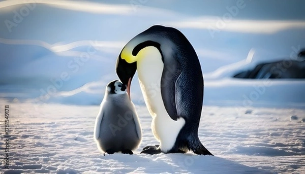 Fototapeta A mother penguin and her baby in the snow with a silhouette of sunlight showing the warmth of love