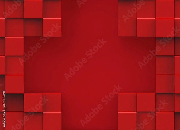Fototapeta 3d rendering. abstract red cubes boxes wall with empty space plus shape at the center