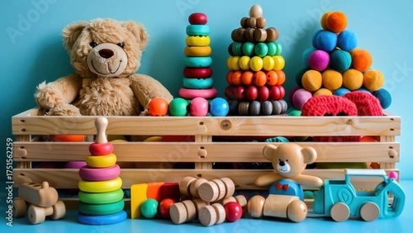 Obraz A colorful collection of wooden and plush toys, perfect for inspiring imaginative play and early learning.
