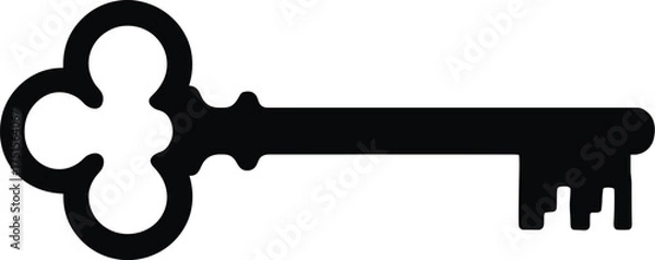 Obraz skeleton key with ornate bow and long stem, horizontal, solid black silhouette