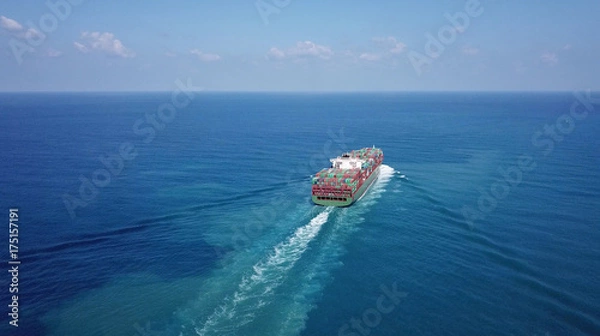 Obraz Huge large mega container ship sails on open water fully loaded with containers and cargo - aerial view