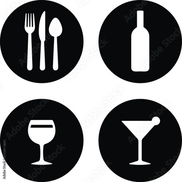 Obraz Set of black circular dining and drink icons including fork, knife, spoon, wine bottle, wine glass, and martini glass