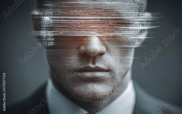 Fototapeta A serious executive in a dark suit featuring a digital overlay for a modern and professional look