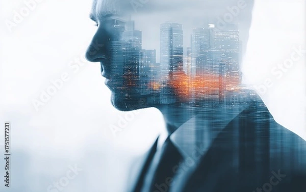 Fototapeta Business executive portrait of a man against a city background with holographic overlay