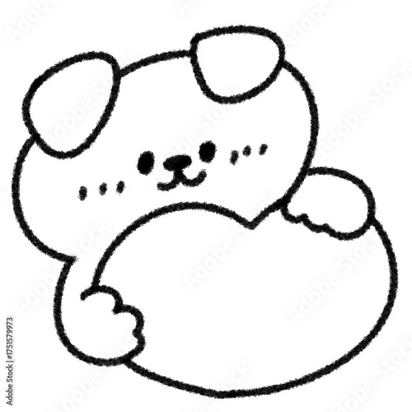 Fototapeta ハートを両手で持つゆるかわいいたれ耳の犬のイラスト (モノクロ)