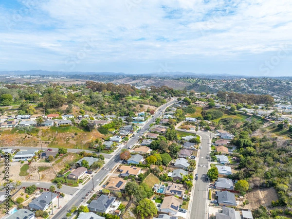 Fototapeta Aerial view of middle class houses in the valley of Oceanside town in San Diego, California. USA.