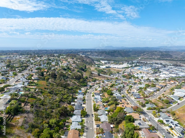 Fototapeta Aerial view of middle class houses in the valley of Oceanside town in San Diego, California. USA.