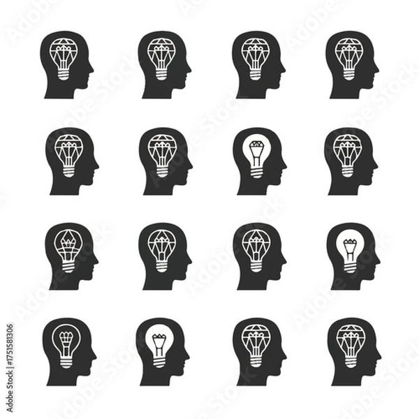 Fototapeta Human heads displaying light bulbs representing different ideas and concepts on a white surface, symbolizing innovation and creativity.