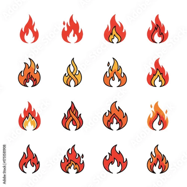 Fototapeta Collection of vibrant flame shapes flickering against a white backdrop, representing warmth, energy, and passion in a dynamic composition.