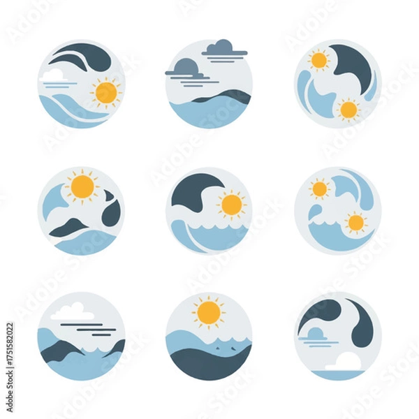 Fototapeta Stylized water waves with sun and clouds depicted in circular emblems evoke a sense of calm and natural beauty, perfect for branding or environmental themes.
