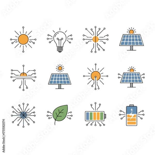 Fototapeta Renewable energy symbols representing sun, lightbulb, solar panel, leaf, and battery connected by circuit board lines, showcasing clean technology and sustainability.