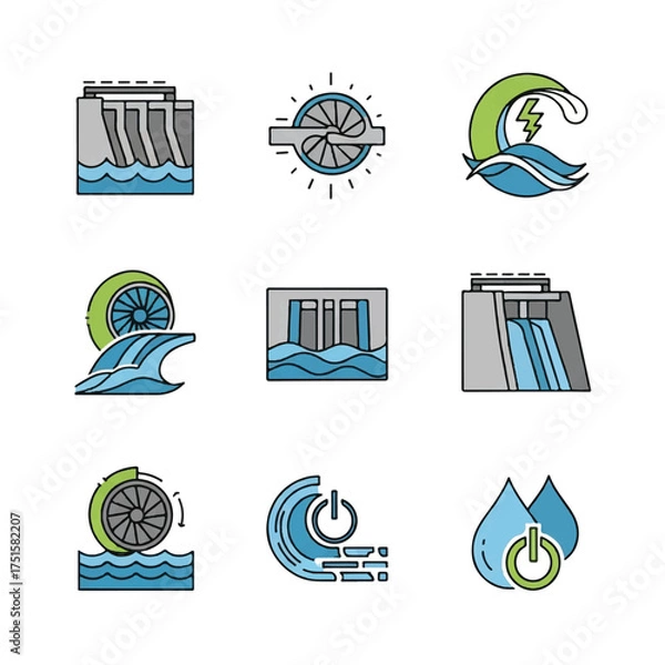 Fototapeta Hydroelectric power generation methods using water turbines and dams to create renewable energy in a sustainable and ecofriendly way.