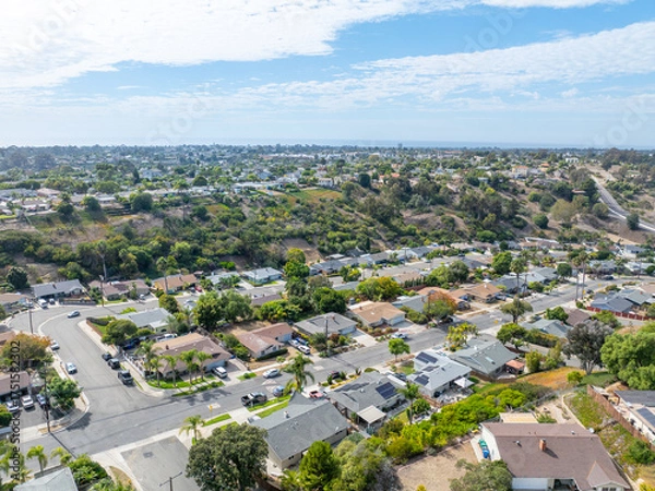 Fototapeta Aerial view of middle class houses in the valley of Oceanside town in San Diego, California. USA.