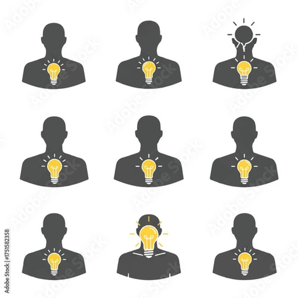 Fototapeta Silhouetted figures represent ideas with glowing lightbulbs in their chests, symbolizing innovation and creative thinking on a clean white backdrop.