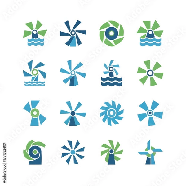 Fototapeta Collection of abstract windmills representing renewable energy sources for sustainable future, showcasing ecofriendly technology and environmental awareness.