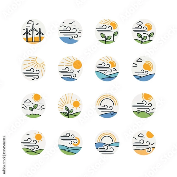 Fototapeta Wind turbines and sun power energy sources in nature landscapes representing renewable resources and eco friendly solutions for a sustainable future.