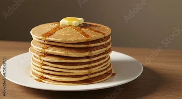 Obraz Stack of delicious pancakes with syrup and butter on a white plate, perfect breakfast food