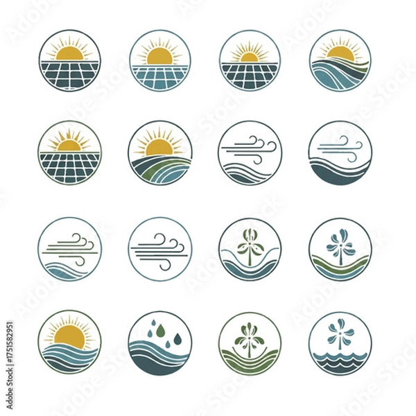 Fototapeta Renewable energy sources powering sustainable future with solar panels, wind turbines, and water waves in circular frames, promoting ecofriendly solutions and environmental awareness.