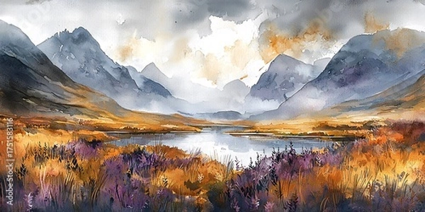 Fototapeta Stunning painting of a mountain lake surrounded by lush greenery and dramatic cloudy skies