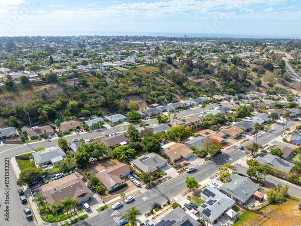 Fototapeta Aerial view of middle class houses in the valley of Oceanside town in San Diego, California. USA.