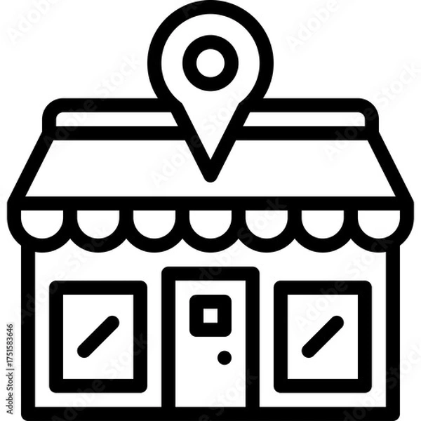 Fototapeta Black Outline Icon of a Storefront with a Map Pin Located On Top Against a Transparent Background